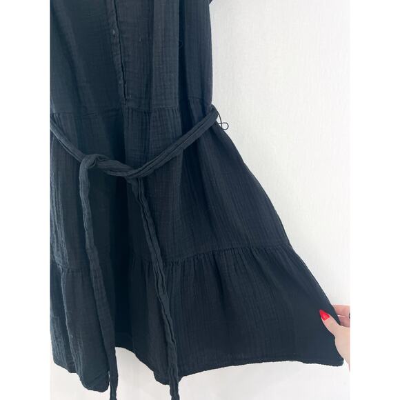 GAP Crinkle Gauze Flutter Sleeve Mini Shirtdress Black Large Belted Casual Indie - Picture 7 of 9
